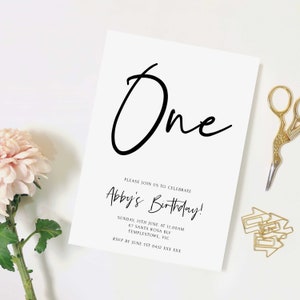 Faire-part 1er anniversaire, écriture simple minimaliste moderne, modèle modifiable neutre en matière de genre, téléchargement immédiat, impression numérique DIY, Z135
