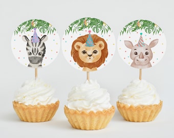 Party Animals Cupcake Toppers, Plantilla editable Safari Jungle Animals Party Decor, Wild One Zoo Animal Favor Tags Imprimible DIY Z293