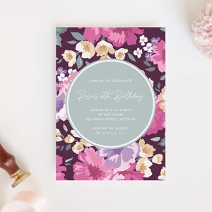 Editable Floral 60th Birthday Party Invitation Download Printable Digital Template Purple Pink Flower Elegant Garden Sixtieth Invite Z233