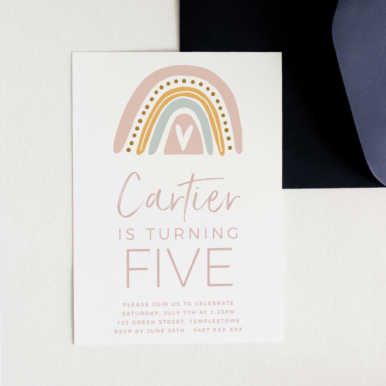Editable Rainbow 5th Birthday Party Invitation Download Printable Digital Template Pastel Pink Modern Cute Kids Girls Fifth Bday Invite Z9 image 2