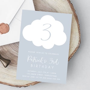 Himmel Geburtstagseinladung, bearbeitbare Vorlage Skurril Pastell Blau Wolke Jungen Geburtstag druckbare Sofort Download DIY Party einladen Kinder Z73