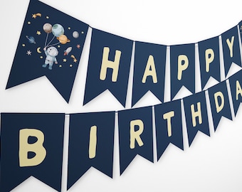 Happy Birthday Banner Outer Space Planets Banner Galaxy First Birthday Decorations Boy Rocket Instant Download Printable Template DIY Z292