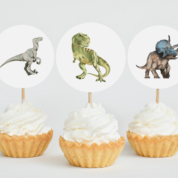 Dinosaur Birthday Cupcake Toppers Editable Printable Instant Download, Jurassic Dino Party Boys T-rex Triceratops Pterodactyl Decor Z304