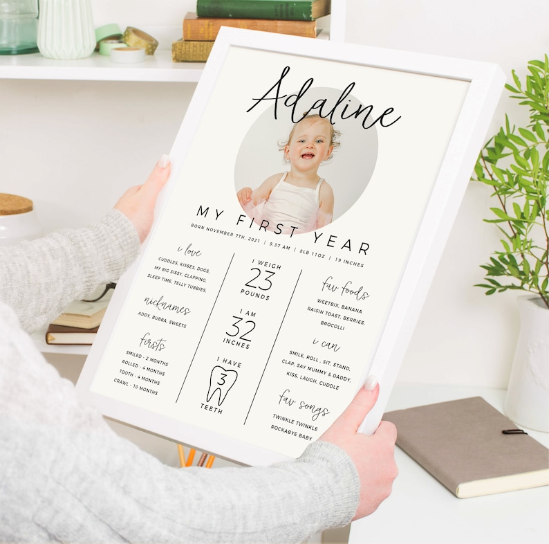 May include: A white framed printable poster with a black and white design. The poster is a baby's first year milestone chart with the name Adaline at the top. The poster includes the baby's birth date, weight, height, favorite foods, firsts, nicknames, and favorite songs. The poster also includes a photo of the baby.