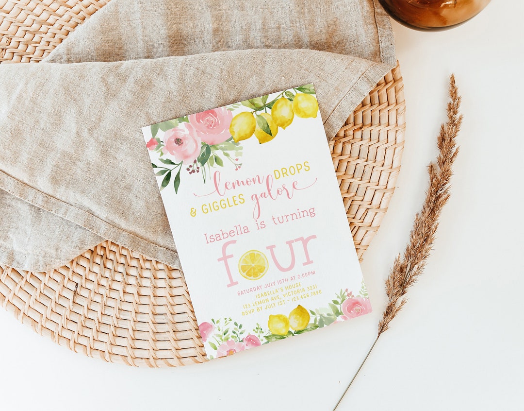 Lemon Floral Birthday Invitation, 1st 2nd 3rd 4th 5th Sunshine Lemonade