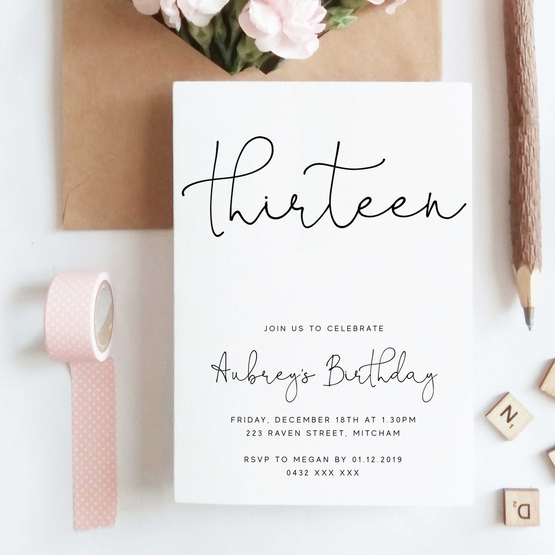 Editable Simple 13th Birthday Party Invitation Download - Etsy