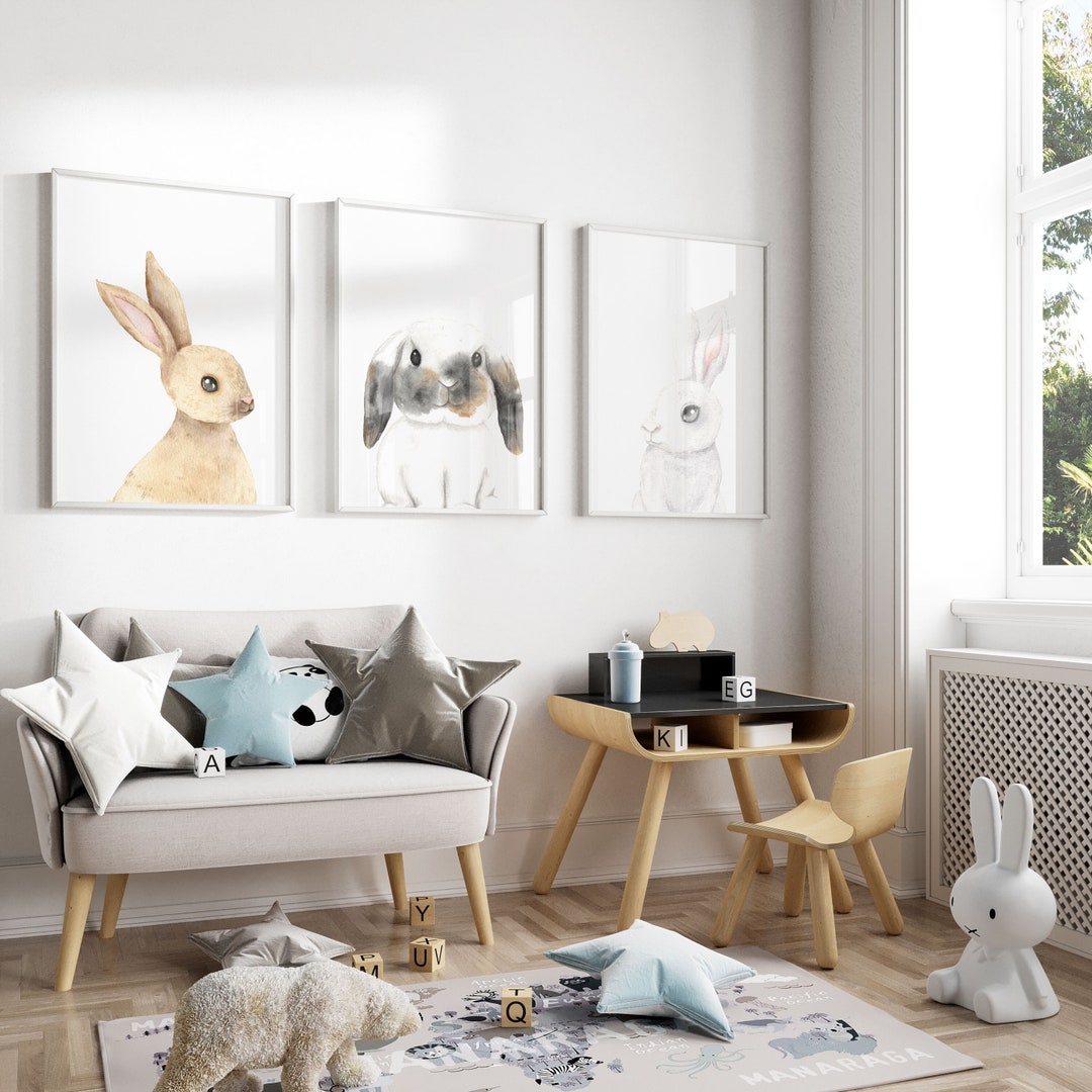 Bunny Set of 3 Prints, Bunny Art, Woodland Nursery Decor, Bunny Decor ...