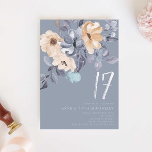 Editable Floral 17th Birthday Party Invitation Download Printable Digital Template Dusty Blue Flowers Teen Girl Garden Party Invite Z180