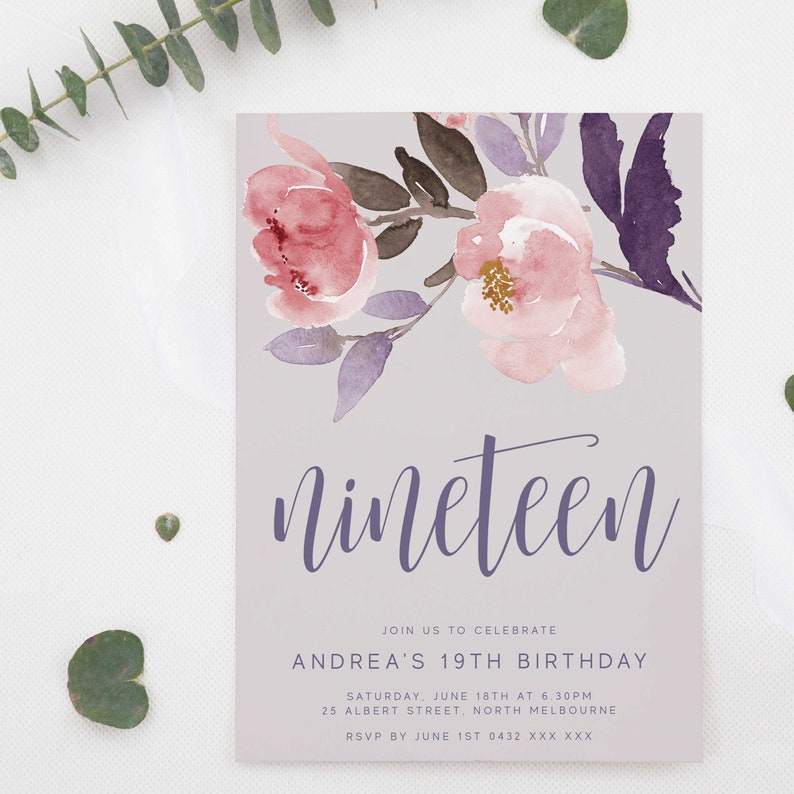 19th Invitation 19th Birthday Invite Floral Printable 19th Birthday Invitation INSTANT DOWNLOAD Birthday Invite Nineteenth Invite Z38