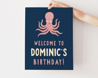 Ocean Welcome Sign, Editable Octopus Under the Sea Birthday Poster, Personalized Printable, Instant Download, DIY Kids Party Signage Z103