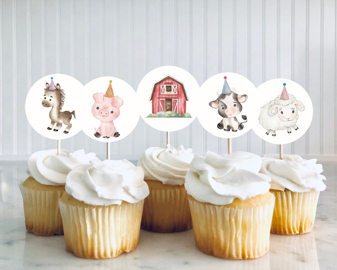 Cupcake Toppers Printable Template, Editable Farm Animals Birthday Baby Shower Boy Kid Farmer ...