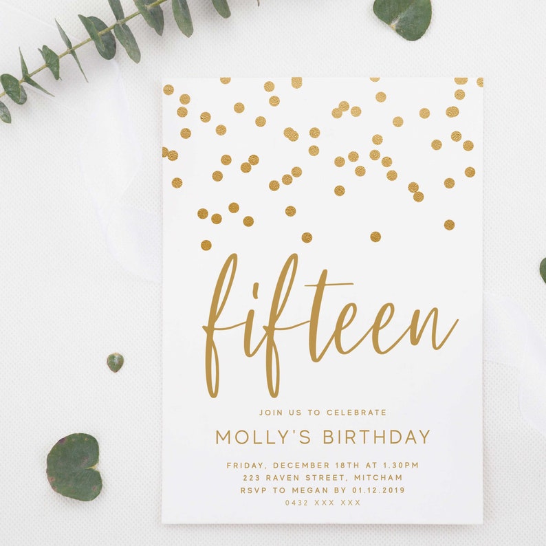 Gold Birthday Invitation, Modern Minimalist Confetti Sparkle Template, Editable Printable, Instant Download Glam Party Invite for Teens Z129 image 2