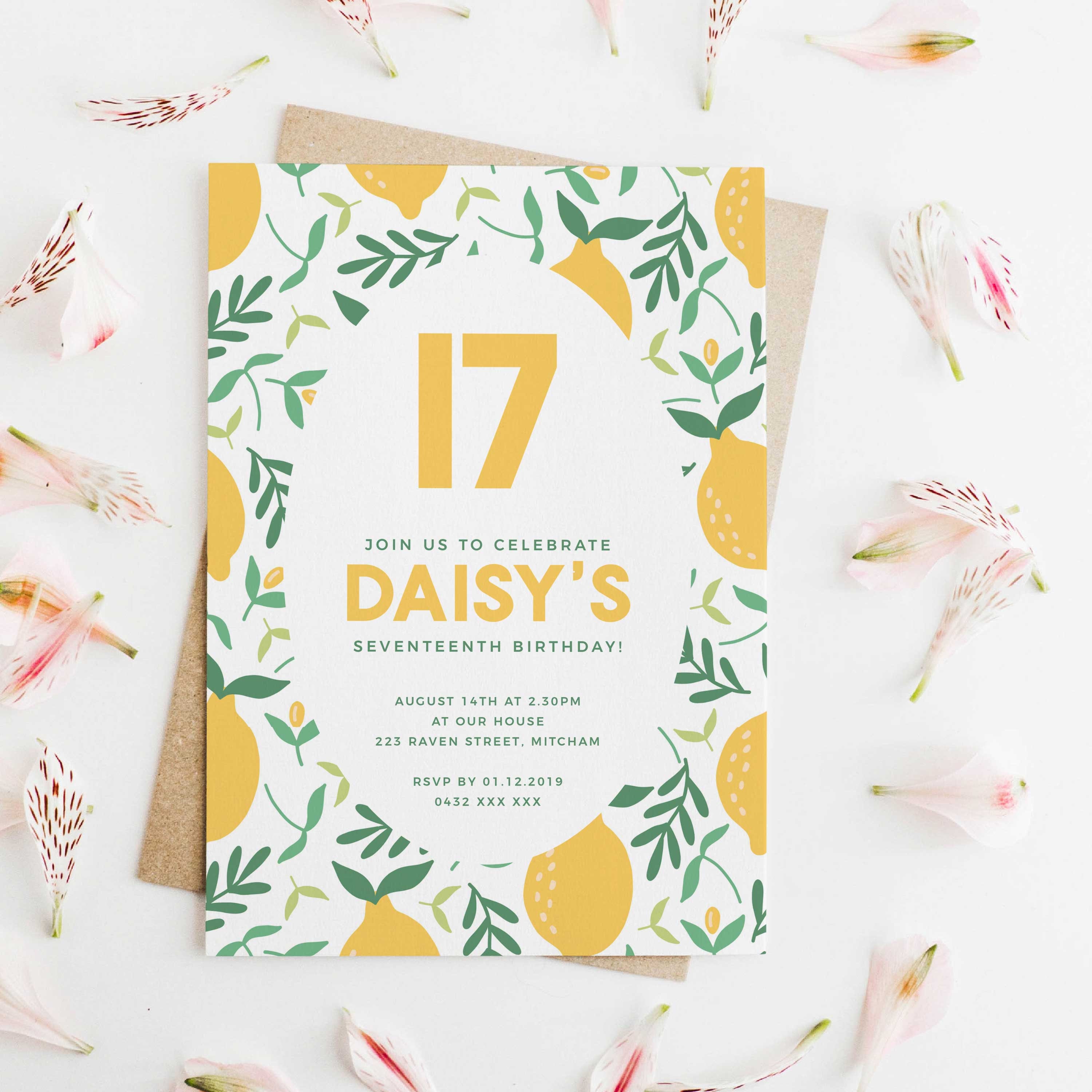 Cute Lemon 17th Birthday Invitation INSTANT DOWNLOAD