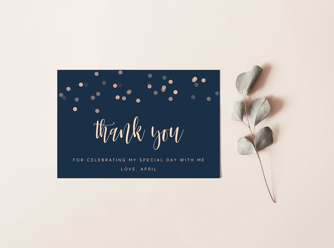 Thank You Card, Navy Blue Gold Sparkle Confetti 4x6 Editable Template ...