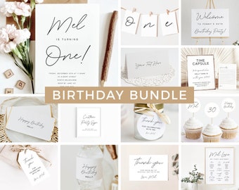 May include: A birthday party printable bundle with a white background and black text. The bundle includes a welcome sign, a time capsule, a thank you tag, a cupcake topper, a milestone chart, and a birthday invitation. The text on the invitation reads "Mel is turning One!"