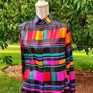 Vintage 80s Abstract Print Blouse - Colorful Long Sleeve Button-Up Shirt - Finnish Design Size 38 - Retro Multicolor Top