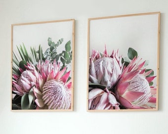Pink Protea Art Print Set, Printable Wall Art Set, Digital Art, Feminine Wall Decor, Floral Wall Decor, Floral Wall Art, Protea Flower Print
