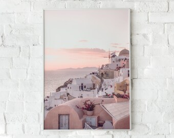 Santorini Sunset Art Print, Santorini Poster, Printable Wall Art, Greek Art Print, Architecture Print, Santorini Wall Art, Blush Pink Art