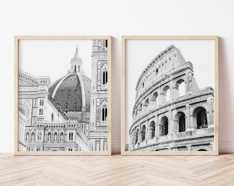 Black and White Italy Art Print Set, Rome Colosseum Print, Florence Duomo Art Print, Printable Wall Art, Italy Wall Decor, Art Print Bundle