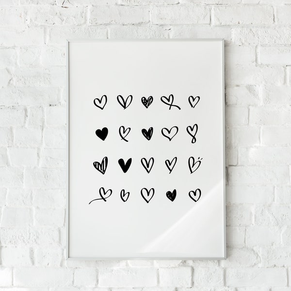 Impression d'art coeurs graffiti, déco minimaliste, décoration d'intérieur art, impression d'art coeurs, art noir et blanc, décoration de chambre d'ado, impression d'art, coeur graffiti