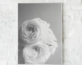 Black and White Flower Art Print, Flower Wall Art, Printable Wall Art, Black and White Flower, Minimal Bedroom Floral Art, Grey Art Print