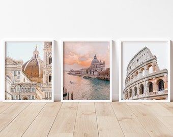 May include: Three framed prints of famous landmarks in Italy. The first print shows the Duomo in Florence, the second print shows the Basilica di San Marco in Venice, and the third print shows the Colosseum in Rome.