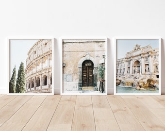 May include: Three framed prints of iconic Roman landmarks: the Colosseum, a doorway with a decorative arch, and Trevi Fountain. The prints are in white frames and are displayed on a light wood floor.
