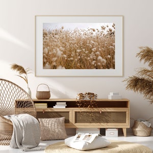 May include: A framed photograph of a field of tall, fluffy, white grasses blowing in the wind. The photo is hanging on a white wall above a wooden cabinet with a woven basket and books on top.