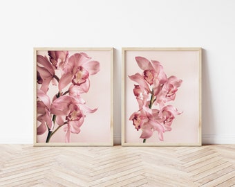 Botanical Orchid Print Set, Floral Art Print Set, Floral Wall Decor, Digital Art, Botanical Art, Pink Orchid Photo, Printable Wall Art