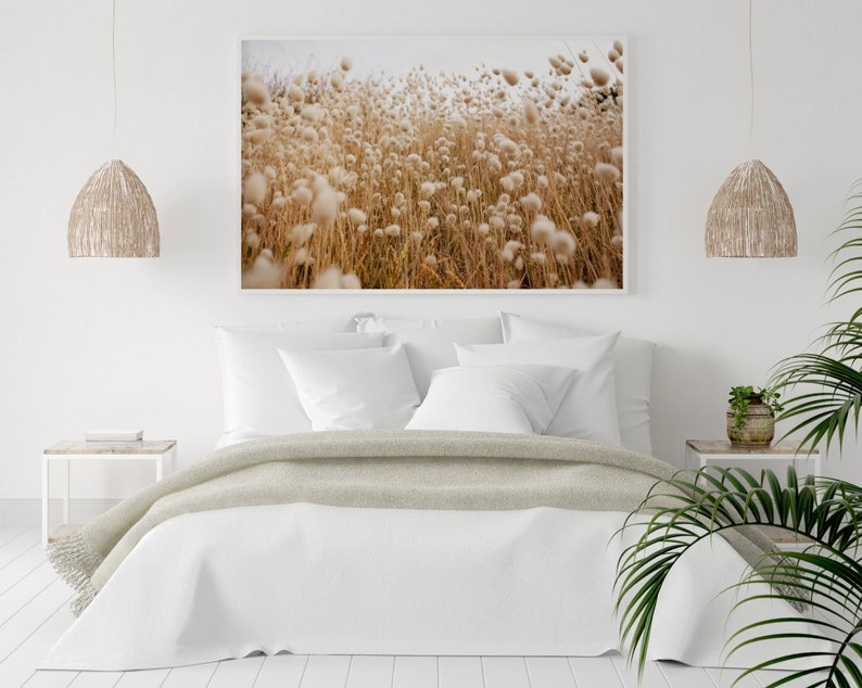 May include: A white bed with a beige throw blanket and white pillows in a bedroom with a framed photograph of a field of tall grass with white fluffy seed heads. There are two hanging light fixtures with woven shades and a potted plant on a side table.