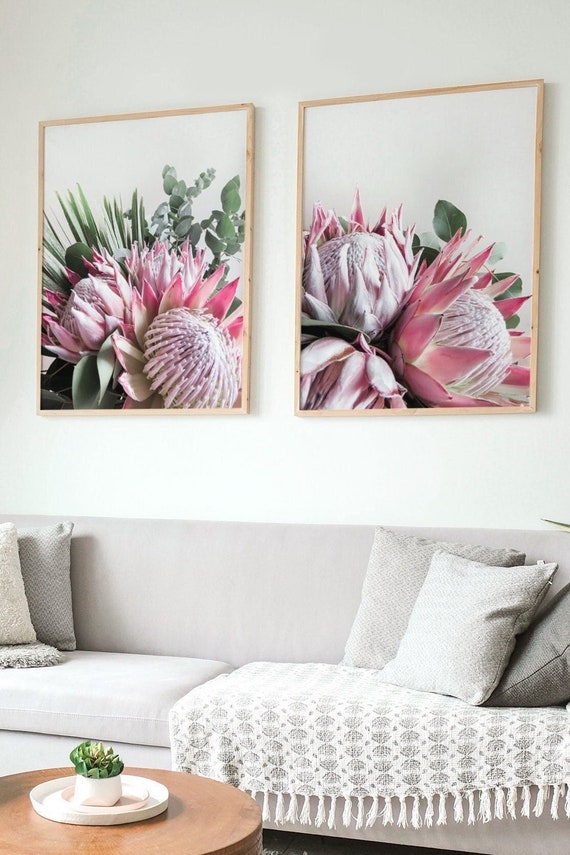 Pink Protea Art Print Set, Printable Wall Art Set, Digital Art, Feminine Wall Decor, Floral Wall Decor, Floral Wall Art, Protea Flower Print