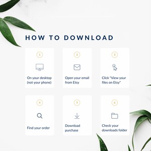 May include: A six-step guide on how to download digital files from Etsy. The steps are illustrated with icons and text. The icons include a computer monitor, an email, a cursor, a magnifying glass, a download arrow, and a folder.