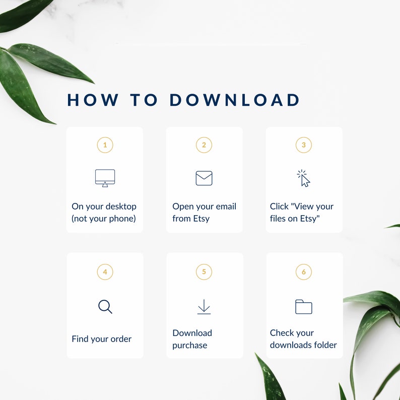 May include: A six-step guide on how to download digital files from Etsy. The steps are illustrated with icons and text. The icons include a computer monitor, an email, a cursor, a magnifying glass, a download arrow, and a folder.