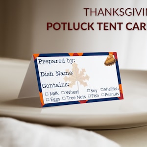 Potluck-tentkaarten voor Thanksgiving, tafeltenten, voedseltentkaarten sjabloon afdrukbare PDF-download kantoor- of schoolfamiliefeestschotellabels