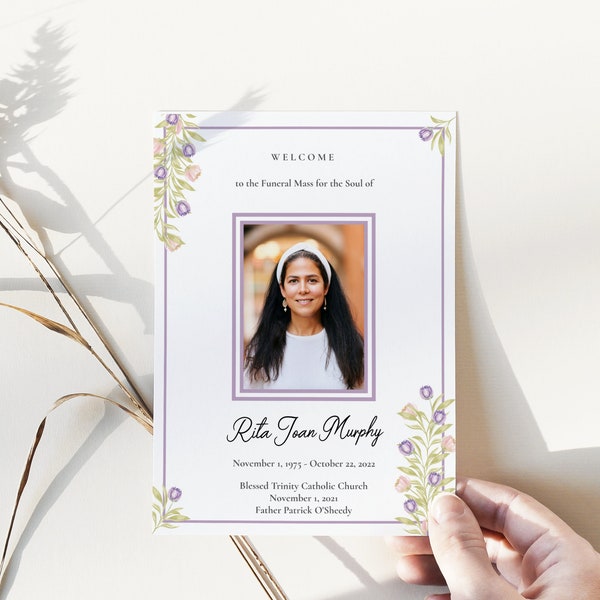 Catholic Funeral Program Template for Women Editable Booklet PDF Download Printable Brochure DIY Purple Prayer Card Catholic Mass Digital