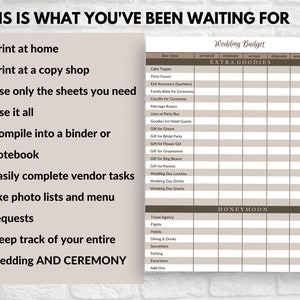 May include: A printable wedding budget planner with sections for "Extra Goodies" and "Honeymoon". The planner includes categories for various wedding expenses, such as cake topper, party favours, and travel agency.