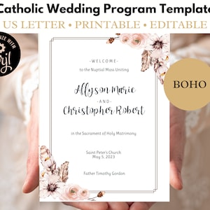 Catholic Wedding Program Template Boho, PDF Template, Editable Digital Download Printable, Catholic Nuptial Mass Program Template