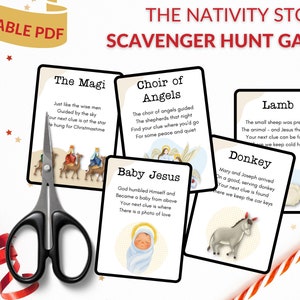 Juego de búsqueda del tesoro navideño imprimible para niños y adolescentes al aire libre o en interiores, tarjetas de actividades cristianas de Adviento, natividad, Biblia para grupos de jóvenes