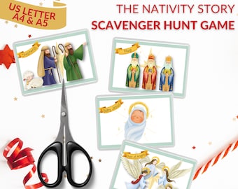 May include: A set of illustrated cards for a Nativity Story Scavenger Hunt Game. The cards feature images of shepherds, the Magi, Baby Jesus, and angels. The text "US LETTER A4 & A5" is visible, along with the game title. Scissors and decorative elements are also present.