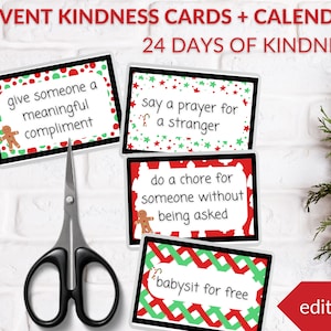 Kindness Adventskalender und Karten, Weihnachtskindness, DIY Advent, bearbeitbares PDF, zufällige Taten der Freundlichkeit, 24 Tage der Herausforderung druckbar