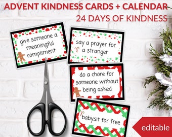 Kindness Advent Calendar and Cards, Christmas Kindness, DIY Advent, Editable PDF, Random Acts of Kindness, 24 Days of Challenge Printable