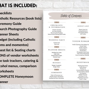 May include: A printable wedding planner checklist with a table of contents listing the different sections included. The sections include checklists and information, wedding party, planner sheets, budget, ceremony, guest list, vendor worksheets, and honeymoon.