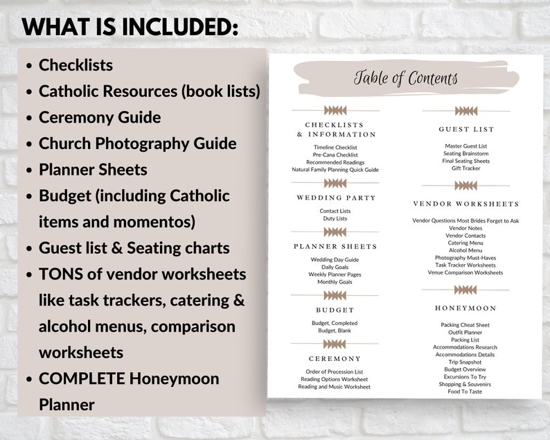 May include: A printable wedding planner checklist with a table of contents listing the different sections included. The sections include checklists and information, wedding party, planner sheets, budget, ceremony, guest list, vendor worksheets, and honeymoon.