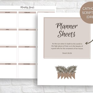May include: Printable planner sheets with a beige background and a quote from Sirach 26:26. The quote reads "As the sun when it riseth to the world in the high places of God, so is the beauty of a good wife for the ornament of her house." The sheets are designed for monthly goals and include a calendar with the months of January, February, April, May, July, August, October, and November.