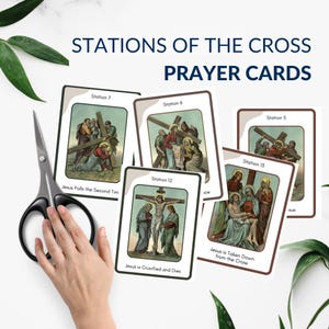 May include: Prayer cards titled "Stations of the Cross" with illustrations depicting scenes from the crucifixion. The cards are rectangular with a white border and feature text such as "Station 7" and "Jesus is Crucified and Dies."
