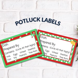Etiquetas de alimentos Potluck para modelo de Natal para impressão em PDF Baixar informações do cartão de alergia de prato para festa de família no escritório ou na escola