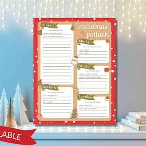 May include: A Christmas potluck sign with a red border and white polka dots. Sections include sides, mains, drinks, desserts, and supplies. The sign has festive illustrations and the word "FILLABLE" at the bottom.