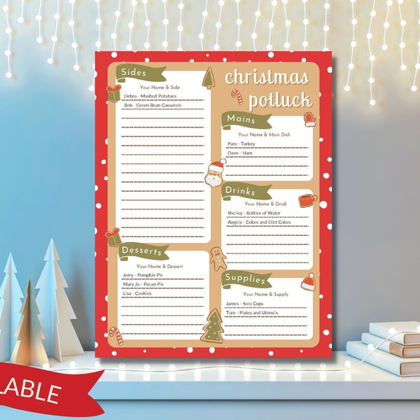 Christmas Potluck Sign Up Sheet Editable Template Printable PDF Digital Download for the Office Church Family Party Holiday Staff Party List