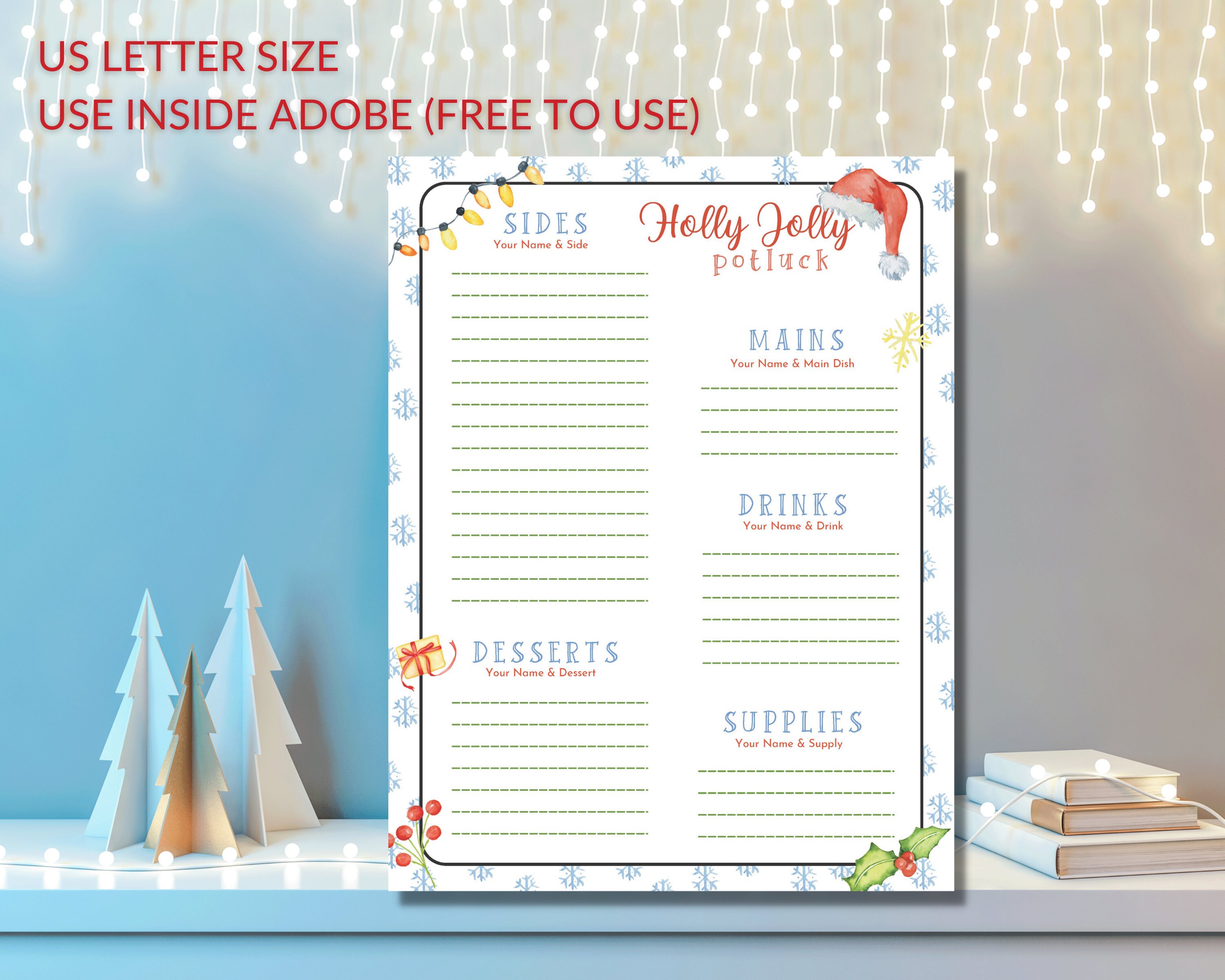 Potluck Sign up Sheet Editable Holiday Christmas Template Printable PDF