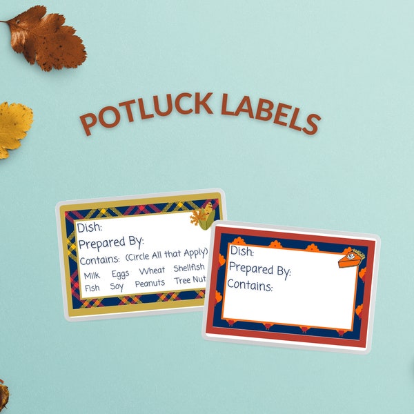 Potluck Lebensmittel Etiketten für Thanksgiving Vorlage Druckbare PDF-Download Lebensmittel Allergie Karte Informationen für das Büro oder Schule Familienfest